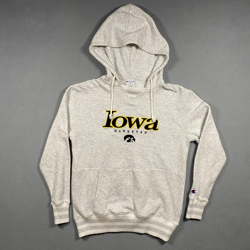 Champion Hoodie Mens Medium Gray Iowa Hawkeyes Striped Trim Pullover Sweatshirt
